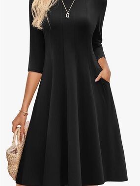 Grace Karin Black Midi A-Line Dress with Three-Quarter Sleeves